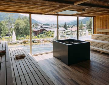 Panoramasauna mit Blick auf den Naturbadeteich