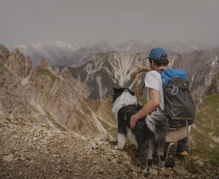 Mann wandert mit Hund in den Tiroler Alpen