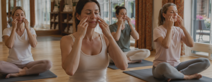 Frauen praktizieren Faceyoga